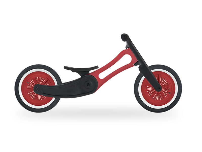 red and black recycled plastic running bike in low mode