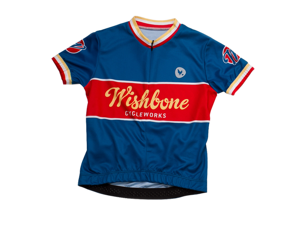 Blue, red and yellow cycling jersey