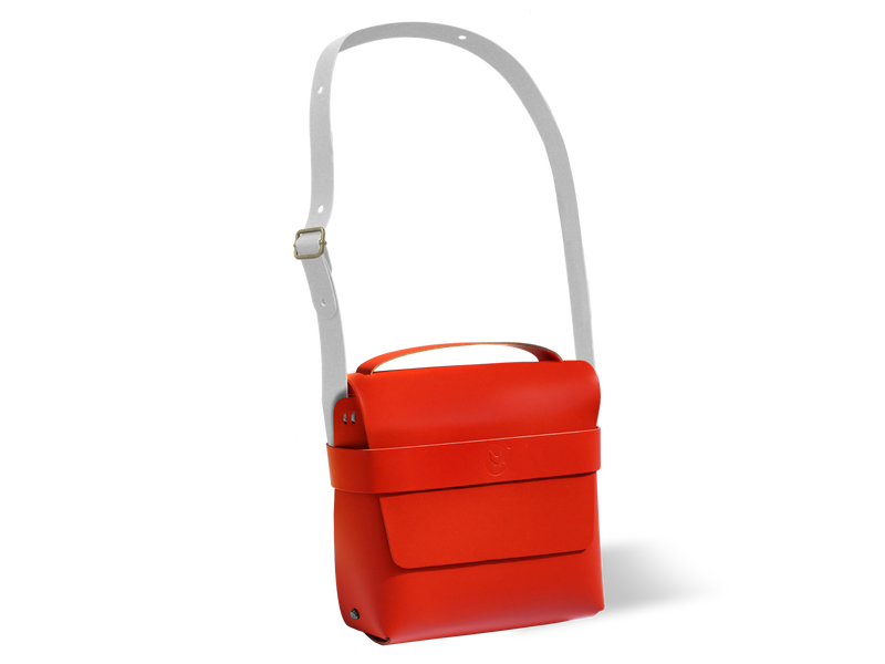 red leather shoulder bag with grey strap