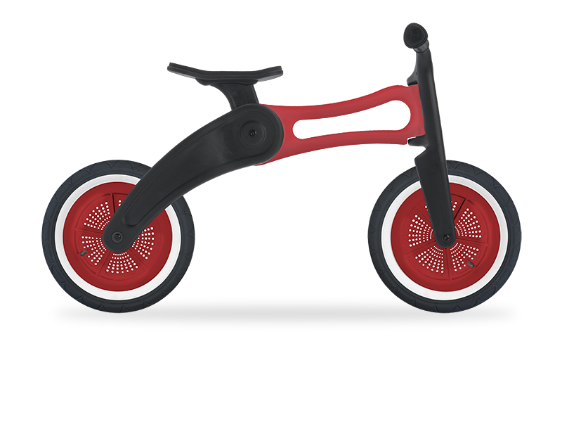 red and black recycled plastic running bike in high mode