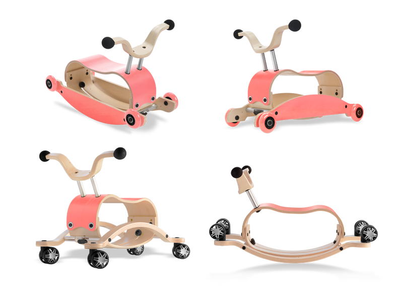 pink wooden  ride-on toy in multiple configurations