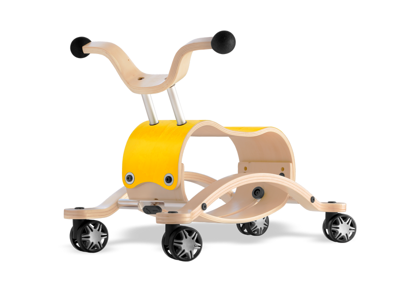 yellow wooden spinning ride-on toy